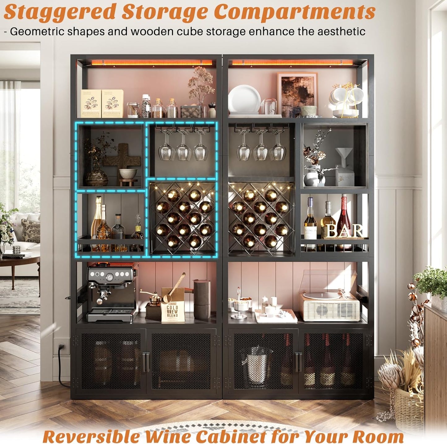 82.6" Tall Bar Cabinet with Power Outlets, 6-Tiers Reversible Wine Cabinet with LED Lights, Glass Holder & Wine Rack, Liquor Storage Cabinet Coffee Bar Unit Station for Dining Living Room, Grey Oak