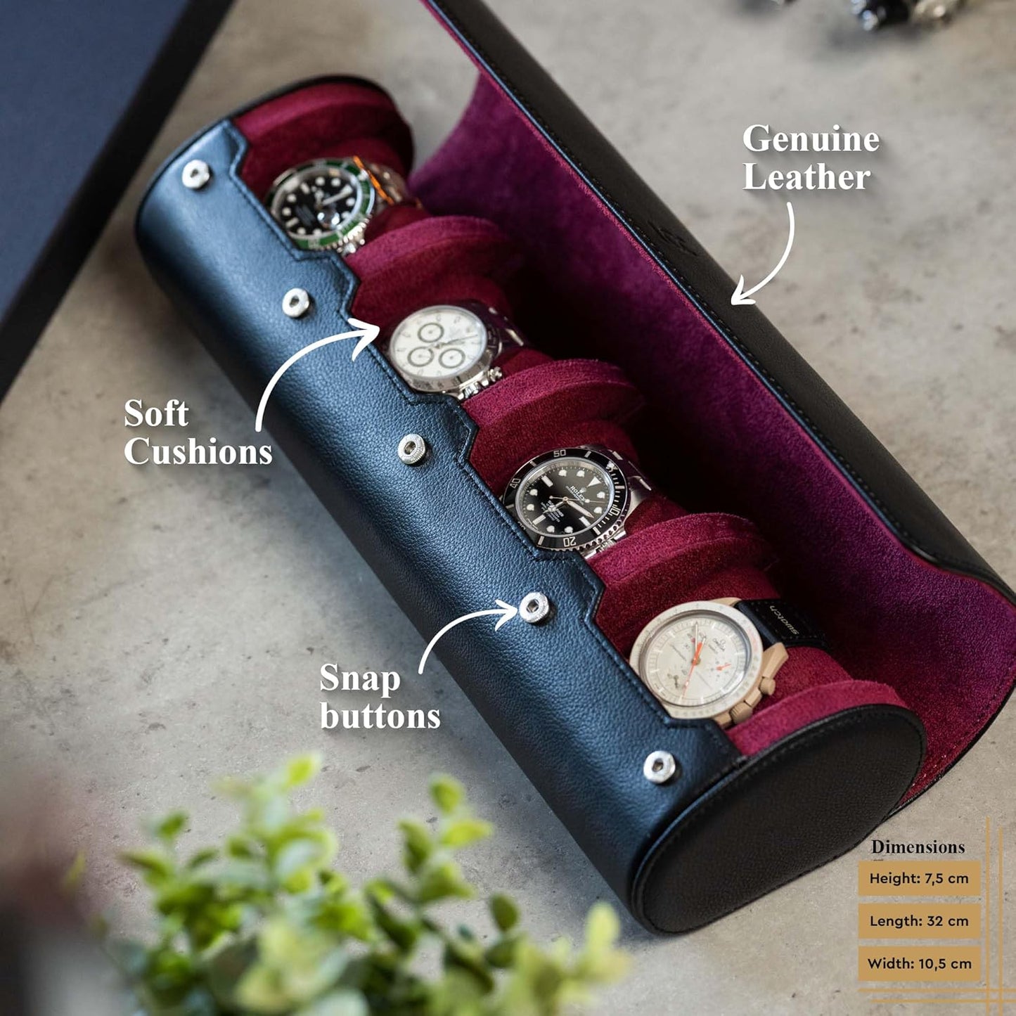 DailyWatch | Watch Roll Travel Case For 4 Watch | Luxury Watch Case In Genuine Black Leather With Soft Velvet Interior | Watch Case Protect, Store, & Display Your Watches | Black Cherry