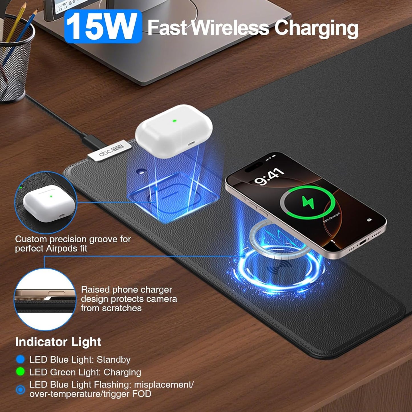 Magnetic Wireless Charging Mouse Pad, 27.5"x11.8" Gaming Desk Mat with Superior Stitched Edges, Non-Slip Base, Waterproof Smooth Desk Writing Pad for Gamer, Office & Home, Black