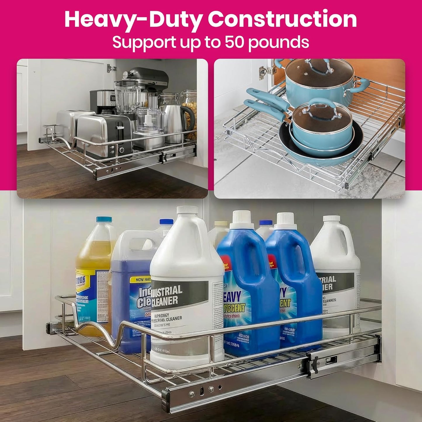 HOLDN’ STORAGE Pull Out Cabinet Organizer, Heavy Duty Caddy w/Lifetime Limited Warranty -22”W x 21”D - Requires At Least 23-1/4” Cabinet Opening, Steel Metal Cabinet Drawers Slide Out, Chrome