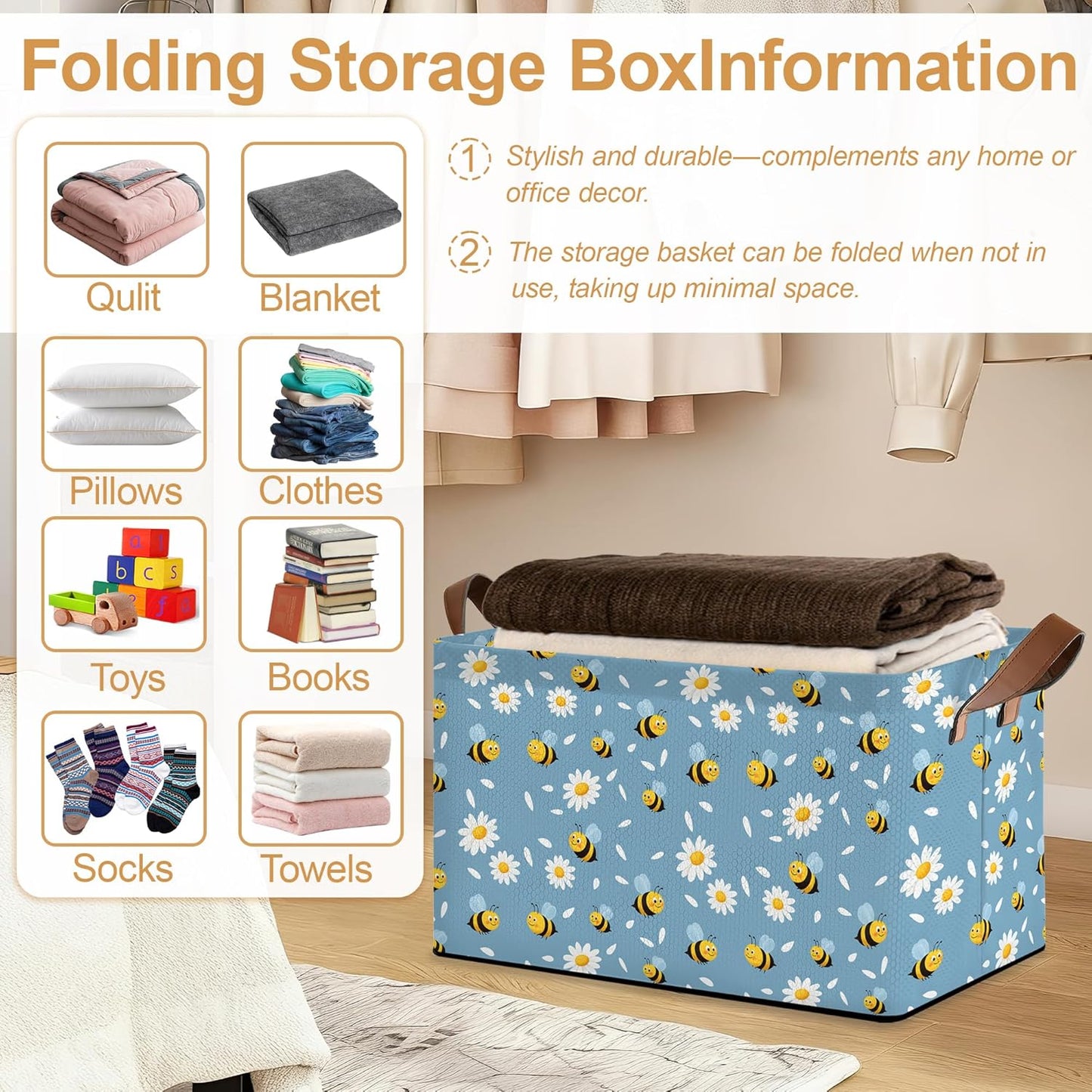32L Large Storage Bins with Handles, Basket Organizer for Shelves, Closet, Books, Laundry & Home Decor (Bee Daisy)