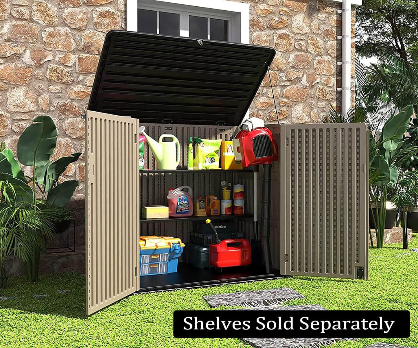 HOMSPARK Storage Shed Weather Resistance, Multi-Purpose Outdoor Storage Cabinet for Backyards and Patios, Horizontal Storage Shed for Lawnmower, Patio Accessories (Coffee,Large - 48 cu.ft)