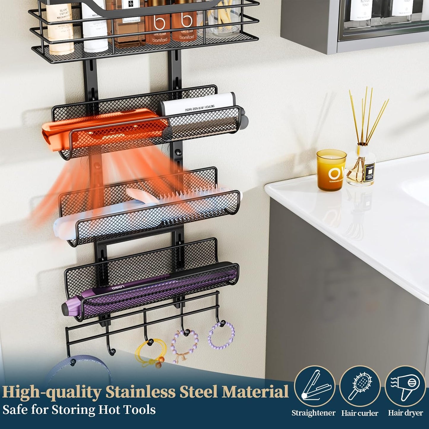 Consumest 6-Tier Hair Tool Organizer - Hair Dryer Holder Over The Door/Wall Mounted DIY Adjustable Shelf Bathroom Door Organizer with Hook for Curling Iron/Blow Dryer/Straightener Black