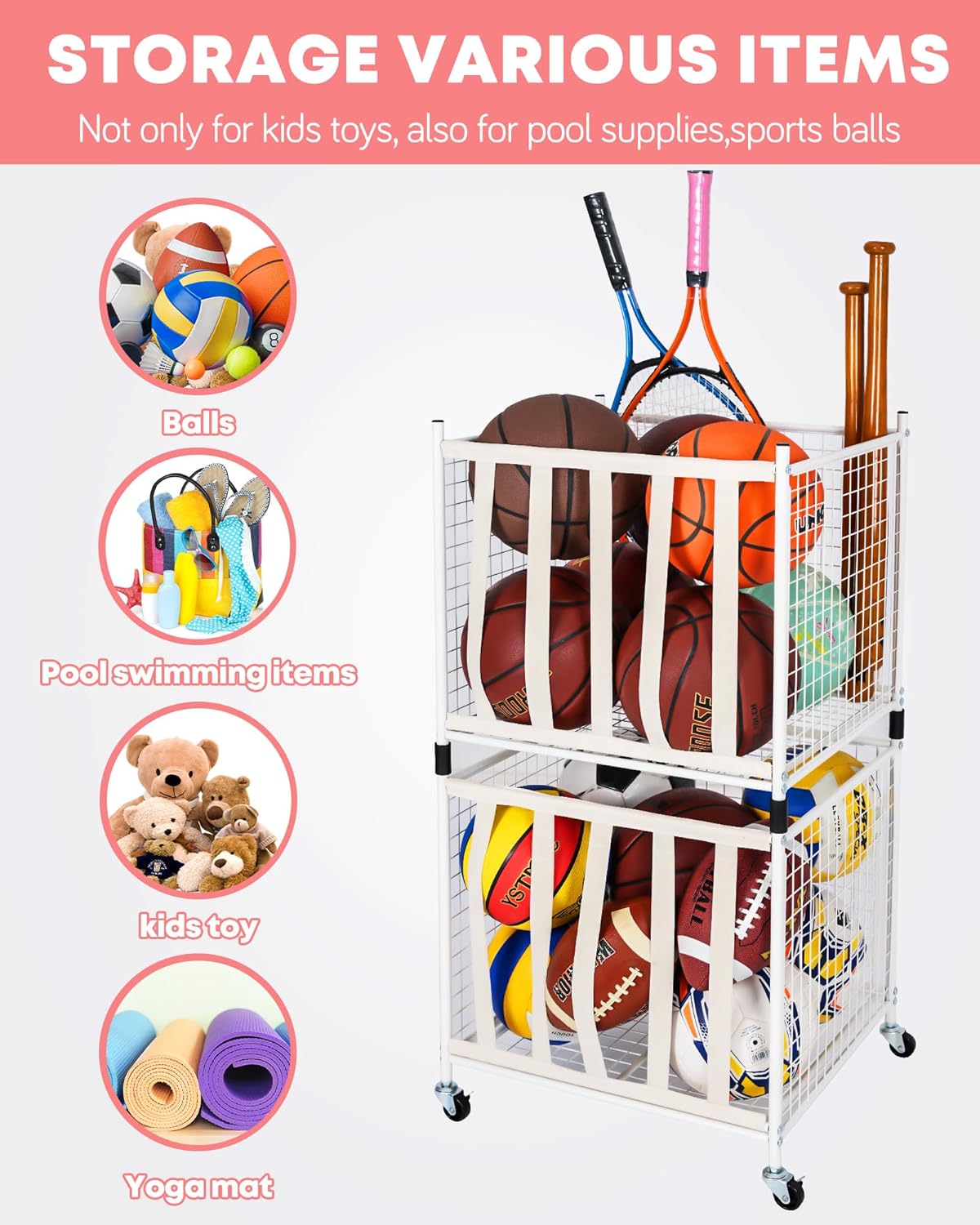 Mythinglogic Rolling Sports Ball Storage Cart, Sports Lockable Ball Storage Locker with Elastic Straps, Stackable Ball Cage for Garage Storage Garage Organizer