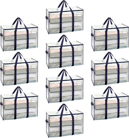 VENO 10 Pack Moving Bags and Large Christmas Storage Bins with lids. Alternative to Moving Boxes, Packing Supplies for College. Extra Large Heavy Duty Totes for Packaging (Clear, 10 Pack)