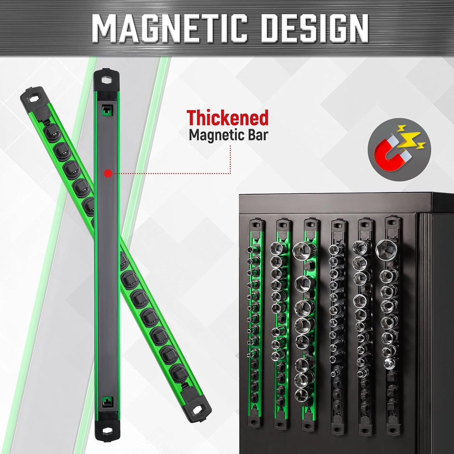 ALOANES 3-Piece Magnetic Socket Organizer, Heavy Duty Aluminum Rails With 360 Swivel Clips, Holder Kit for Tool Box, 1/2, 3/8, 1/4-Inch x 40 Clips (Green)