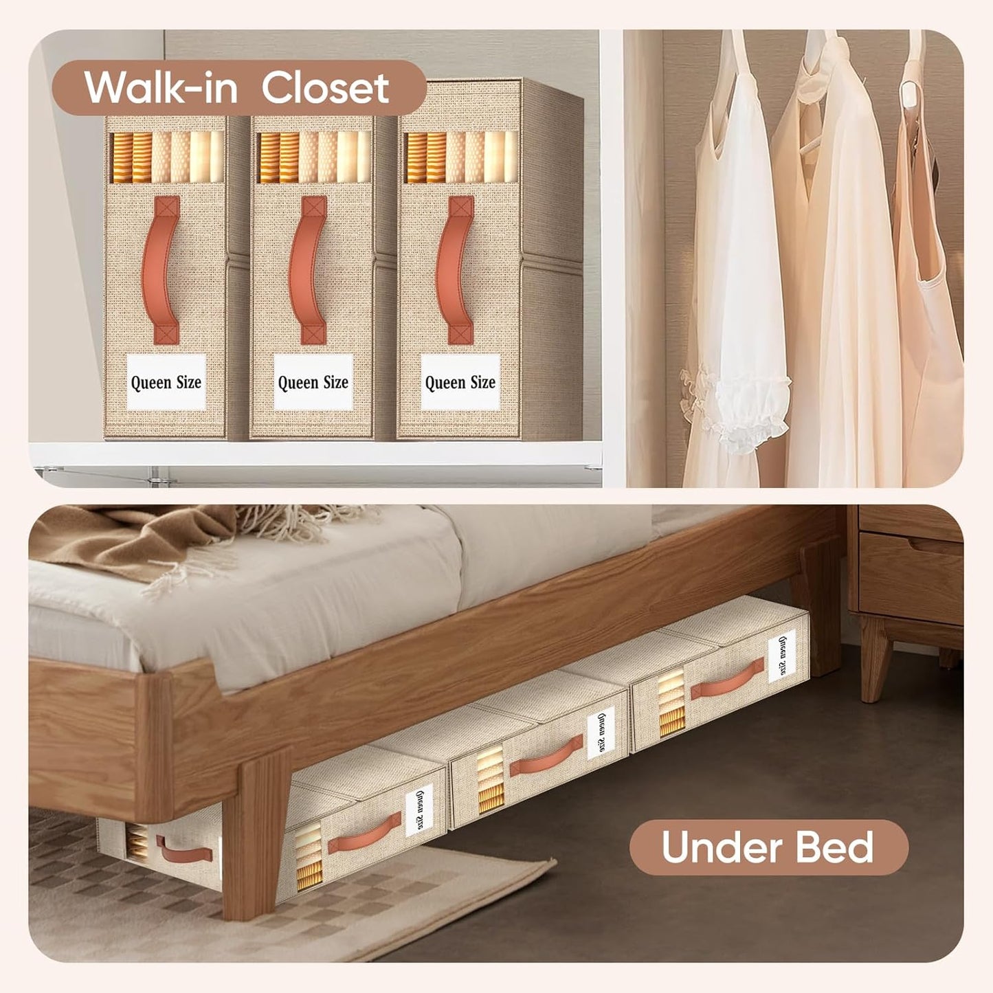 4 Pack Bed Sheet Organizers and Storage(King &Queen Size) with an Elastic Strap, Foldable Closet Linen Sheet Storage Container, Sheet Set Box for Blankets, Duvet Cover and Pillowcase, Beige