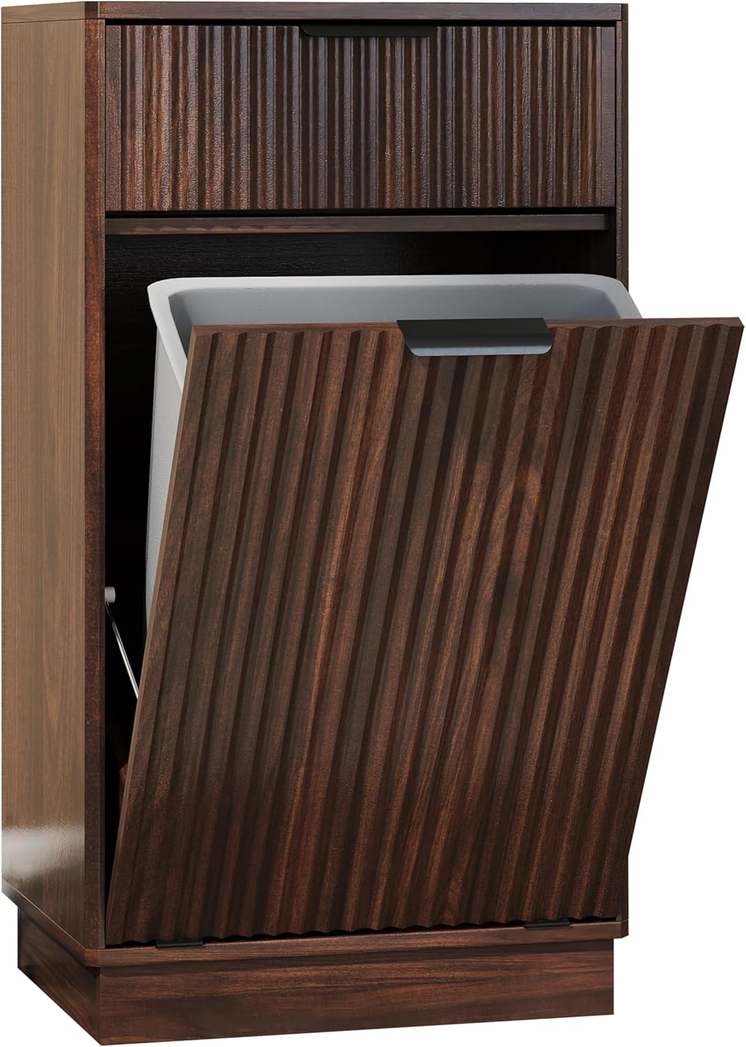 Tilt-Out Trash Cabinet with 10-Gallon Capacity, Walnut Laundry Hamper Cabinet, 34.3 x 19 x 13.8 inches, Wave-Textured Front.