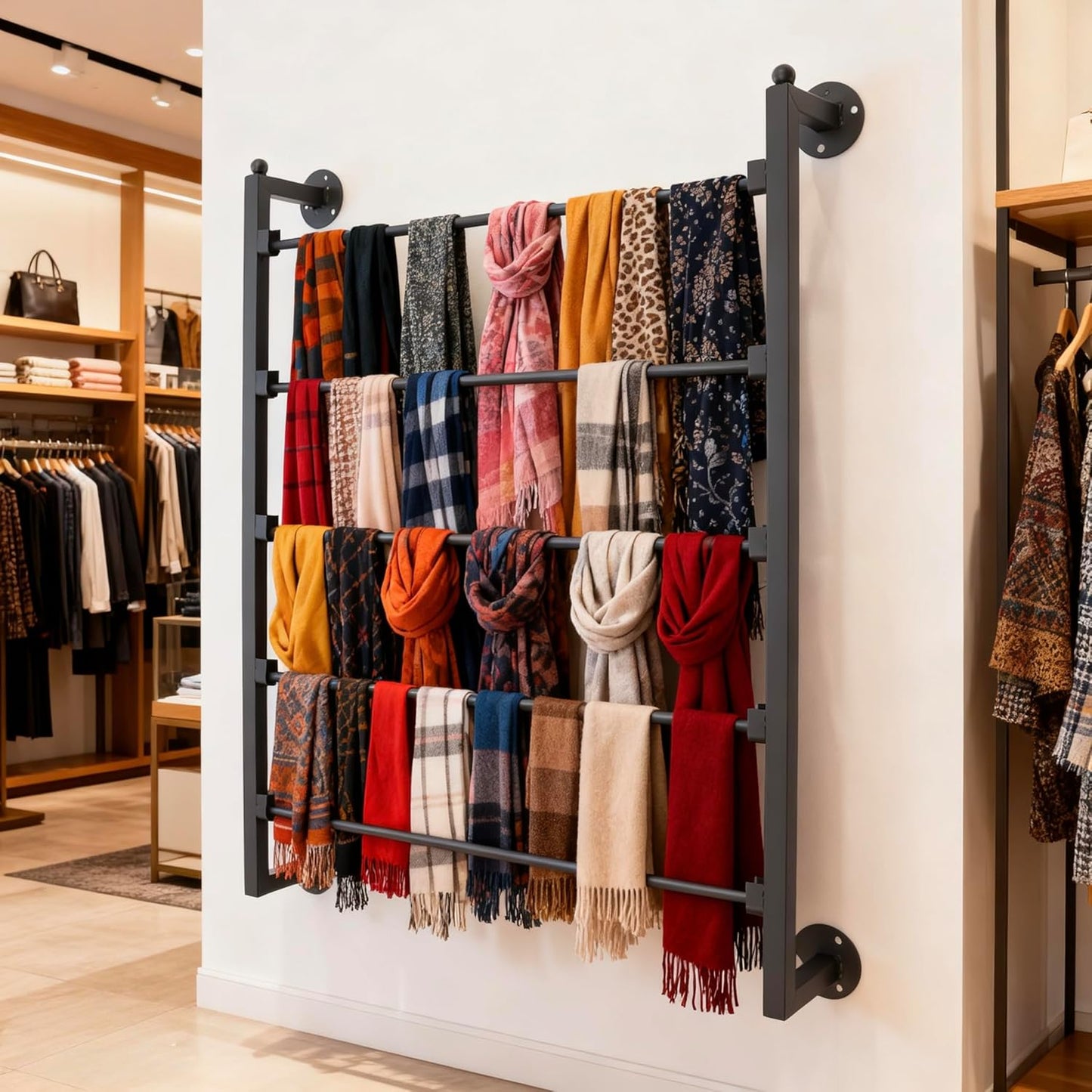 5 Tiers Display Tie & Scarf Rack, Wall Mounted Ribbon Rack Organizer Holder for Wrapping Paper Scarf Tie Belt Towel Pants, Scarves Hijab Stand for Retail Store,Home,Craft Room,Florist, Bedroom