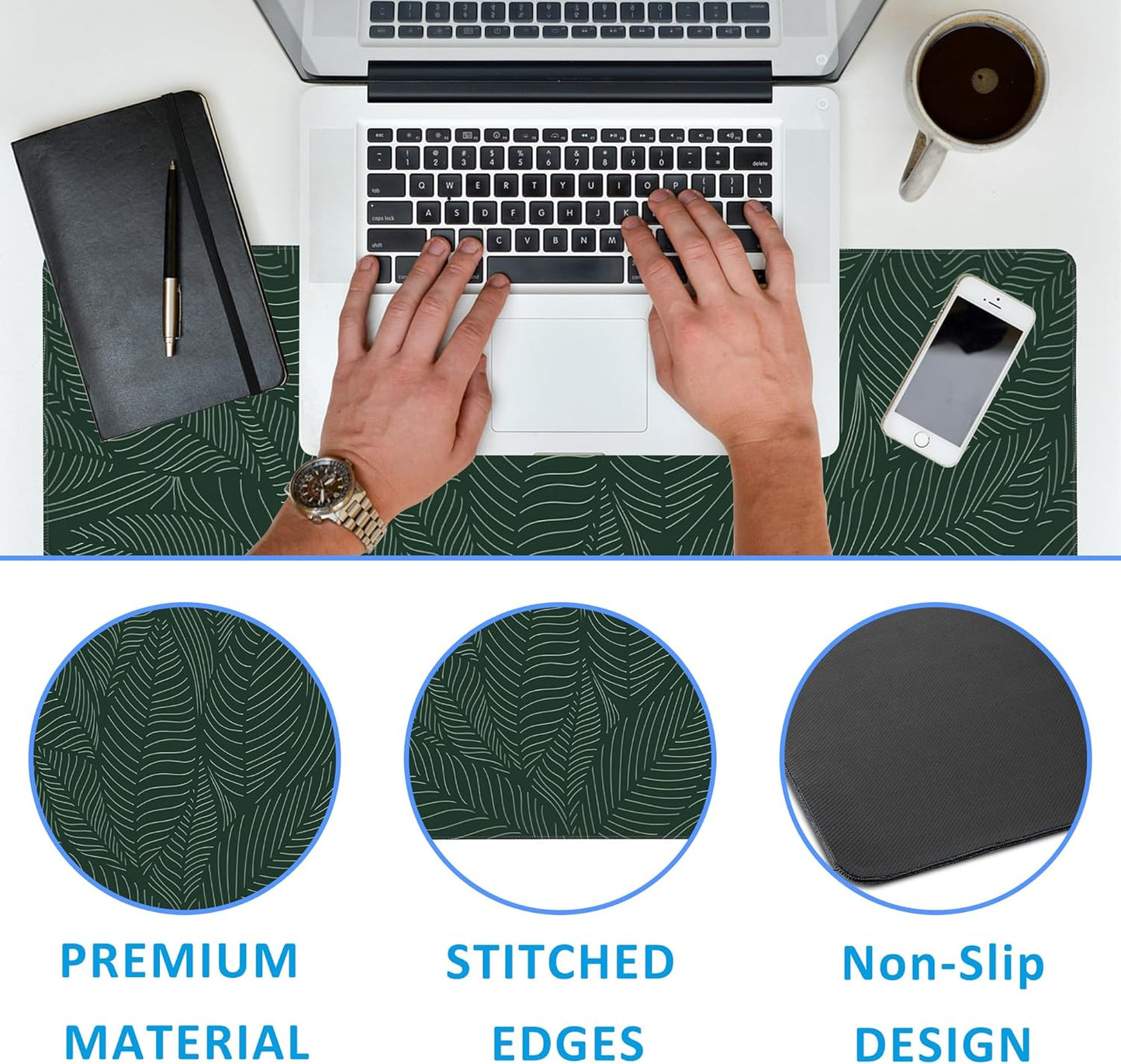 Golden Tropical Leaf Large Gaming Mouse Pad,Waterproof Desk Mat for Desktop,Non-Slip Rubber Base Mousepad with Stitched Edges for Laptop Office and Home 35.4X15.7 Inch