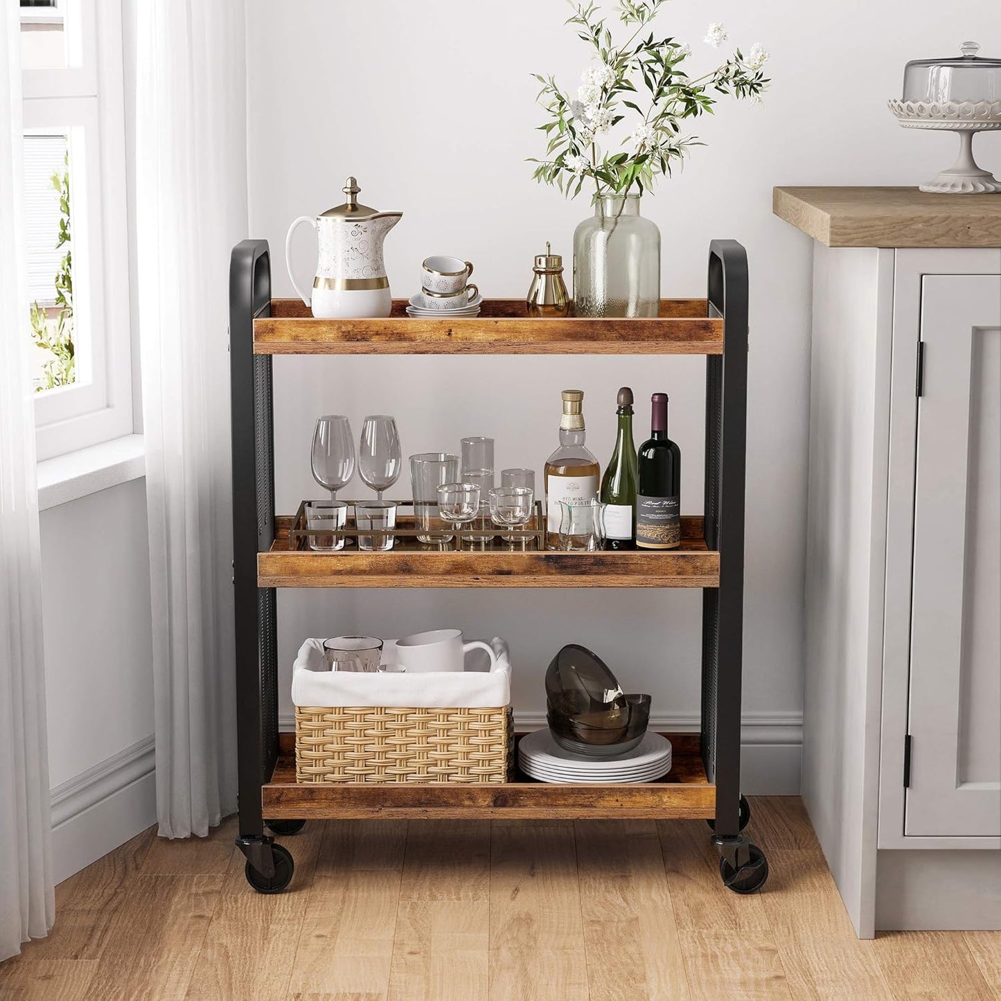 VASAGLE 3-Tier Narrow Storage Cart, Rolling Cart with Wheels, Steel Frame, Slim Storage Cart for Kitchen, Dining Room, Laundry Room, Adjustable Feet Included, Industrial Style, Rustic Brown and Black