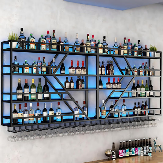 79inch Metal Wine Rack Wall Mounted, Modern Wine Storage Rack Wall Mounted with Wine Glass Holder, Liquor Shelf, Bar Shelves for Liquor Bottles (4 Tiers Black, 79 * 7.87 * 48.5INCH)