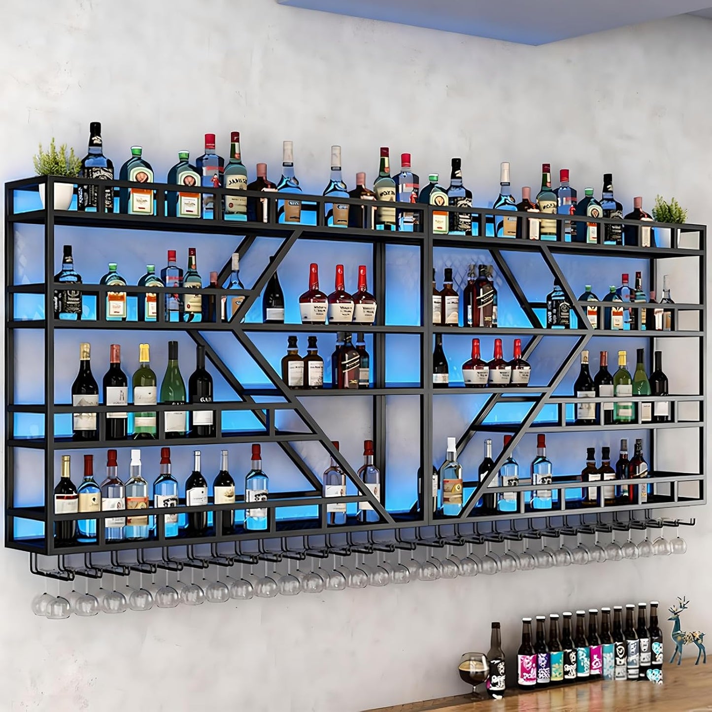 94.48in Metal Wine Rack Wall Mounted, Modern Wine Storage Rack Wall Mounted with Wine Glass Holder, Liquor Shelf, Bar Shelves for Liquor Bottles (4 Tiers Black, 94.48 * 7.87 * 33.85INCH)