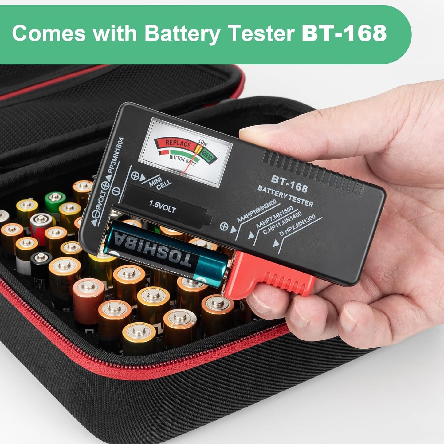 Battery Organizer Storage Case with Tester, Hardshell Portable Checker Carrying Case Holds Batteries AA AAA AAAA C D 9V, Battery Organizer Storage Box (Hold 64+ Cell)