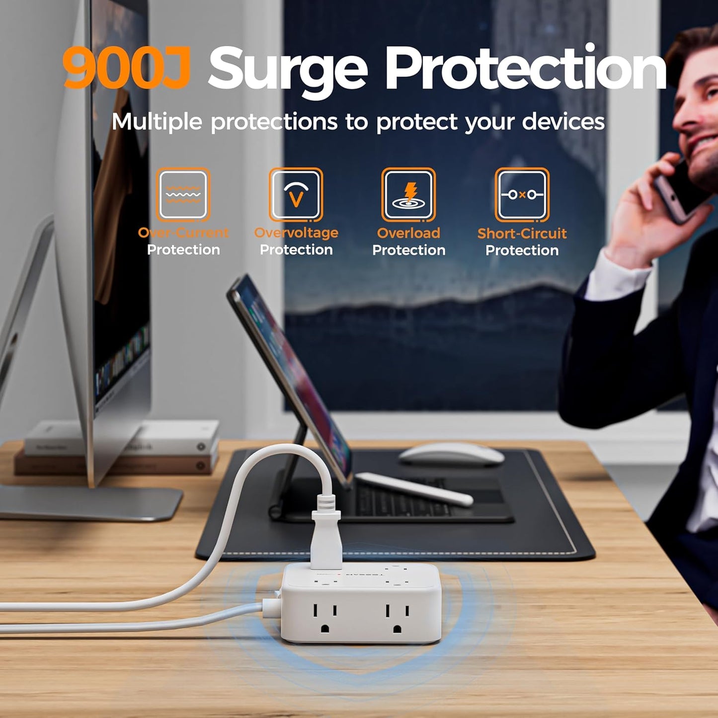 TESSAN Flat Plug Extension Cord, 5 Ft Surge Protector Power Strip with 3 USB (1 USB C) 8 Outlets, 900J Surge Protection, 3 Sided Outlet Extender with Power Switch for Dorm Room Essentials, White