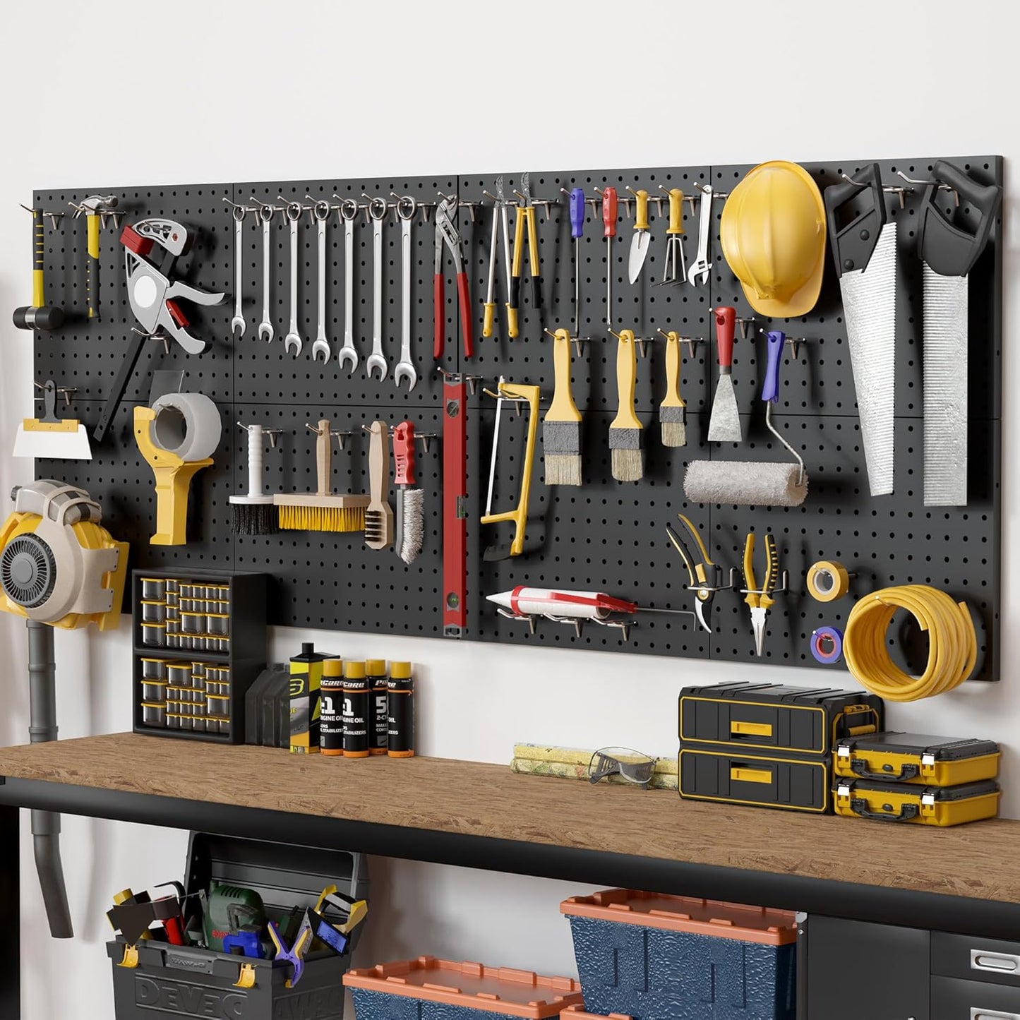 Peg Board 8 Pack Metal Pegboard Panels with 50 Hooks, Heavy Duty Pegboard Wall Organizer, Black Pegboards for Workbench, Garage Tool Storage, Office Organization, Kitchen, Craft Room