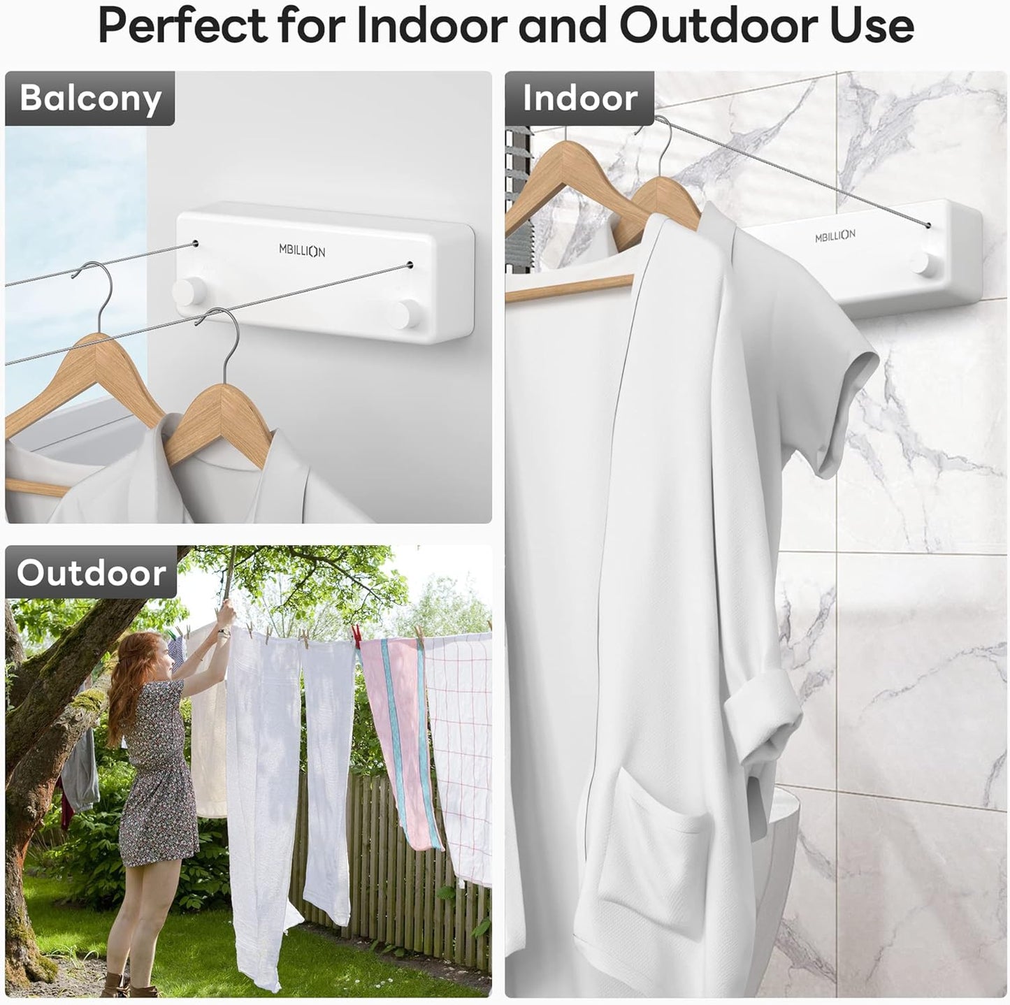 Mbillion Retractable Clothesline 13.8 Ft Stainless Steel Double Clothes line retracting Indoor Heavy Duty Retractable Laundry Line Wall Mounted (Double Line-White)