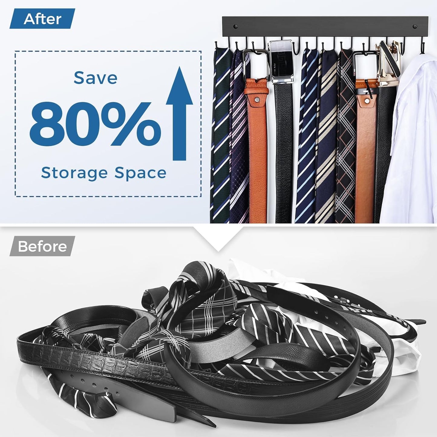 Belt Hanger Wall Mounted, Wooden Belt Organizer Max 12 Storage Capacity, 180° Rotating Space Saving Hangers for Ties, Tank Tops, Scarves, Bras, Keys, Bags 1 Pcs Black