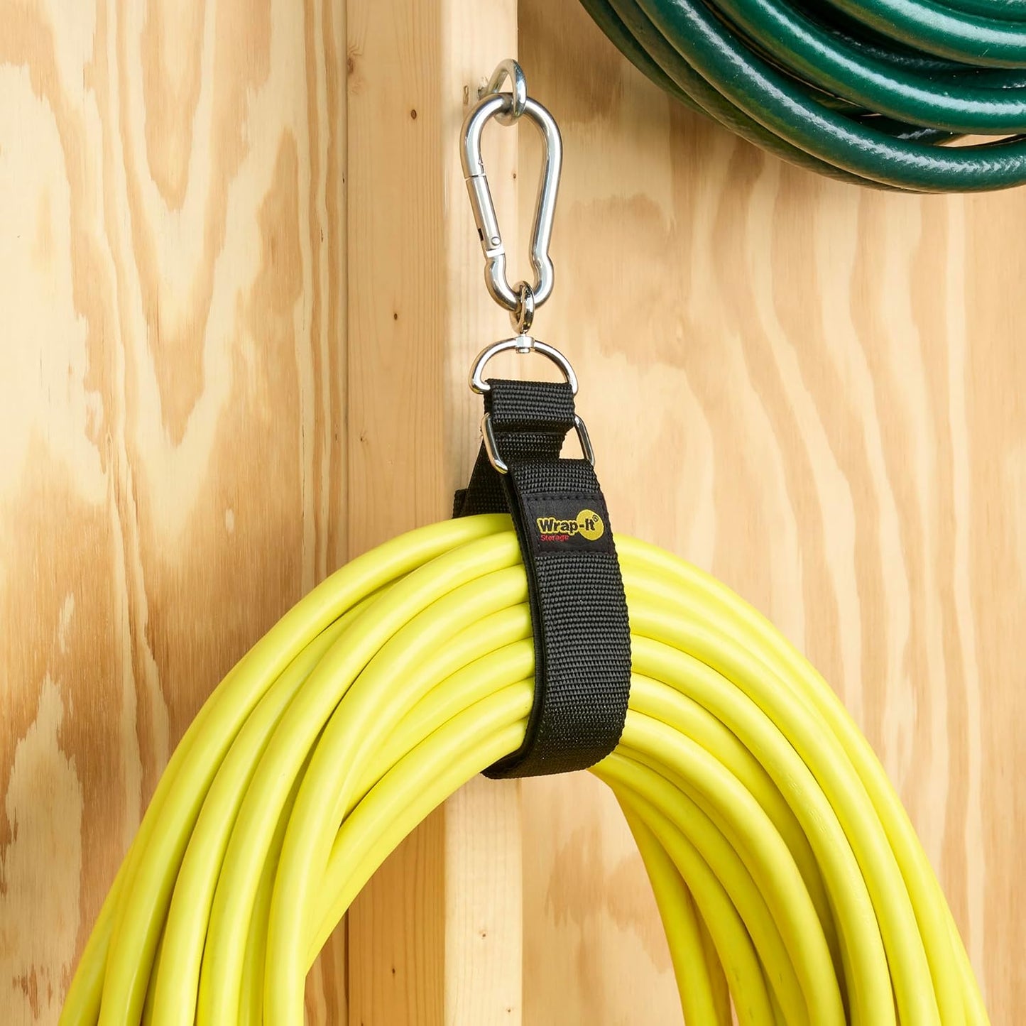 Hook 'n Hang Wrap-It Storage Straps - 24" (2-Pack) Black - Carabiner Straps for Cord Storage or Garden Hose Holder