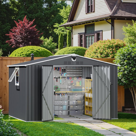 10x8 FT Metal Storage Shed,Outdoor Storage Building with Lockable Doors & 1 Vented Clear Window,Large Backyard Sheds,Waterproof Outside Storage Sheds