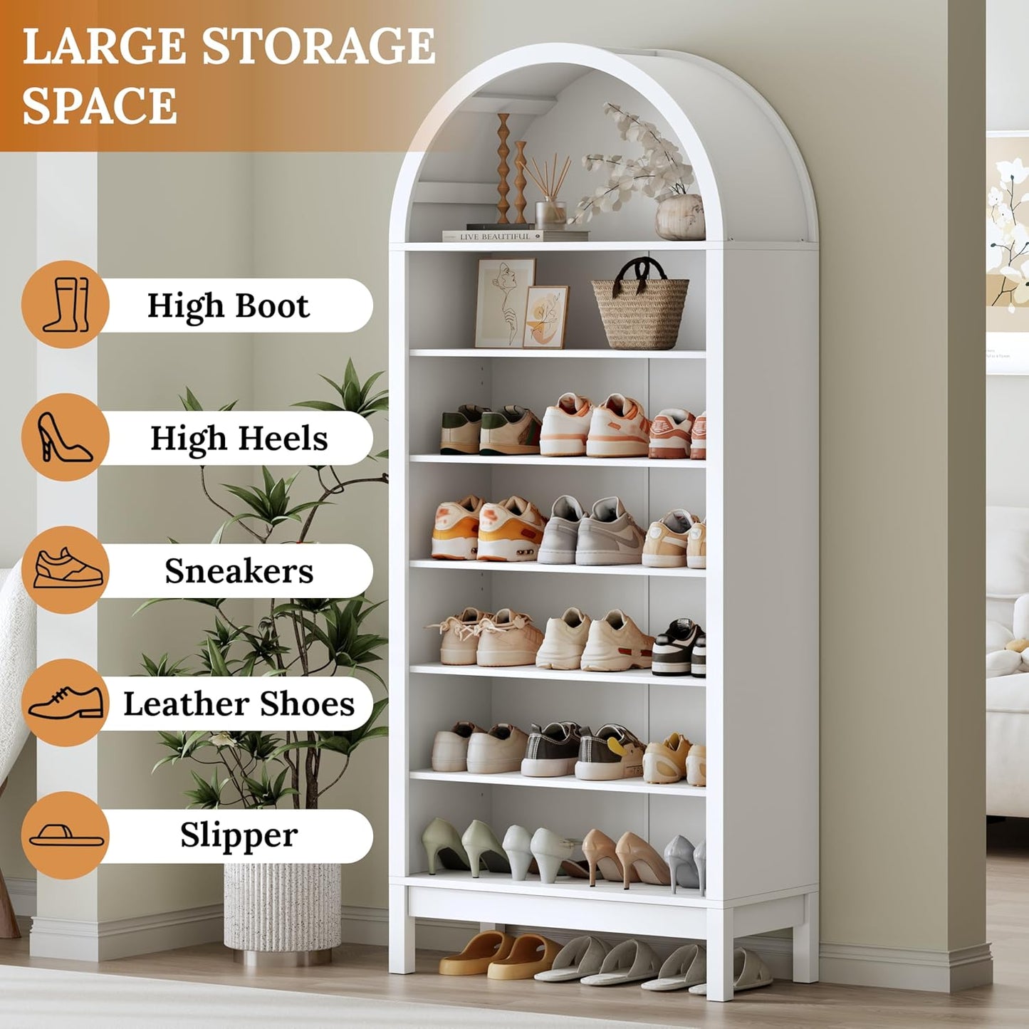 70" Tall Arched Shoe Cabinet, 7-Tier Shoe Rack with 3 Adjustable Shelves, Large Freestanding Shoe Organizer for Entryway, Closet, Hallway, Living Room (Arctic White)