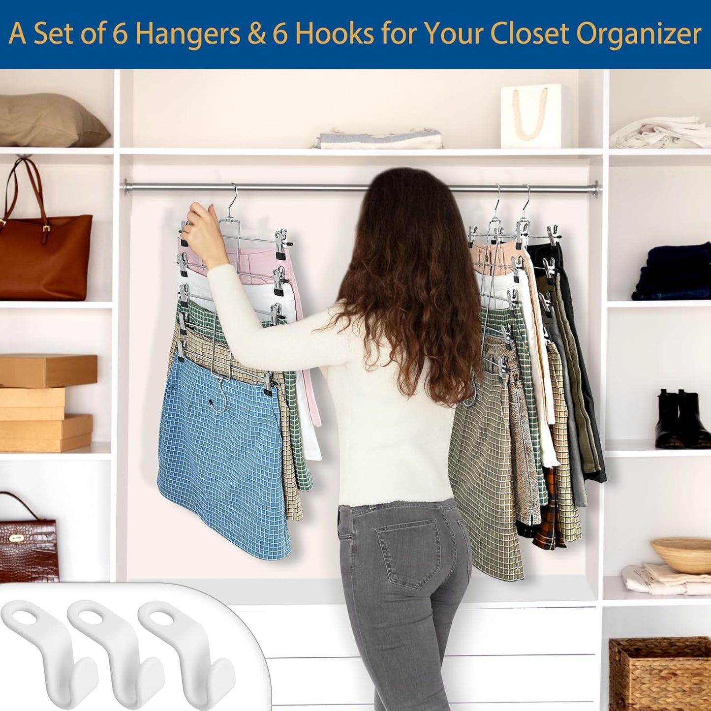 6 Piece Pants Hangers Space Saving,Skirt Hanges with Clips 5 Tier,Closet Organizers and Storage Magic Hangers,Clothes Hangers Space Saver,Closet Organization for Skirt,Trousers,Jeans,Legging