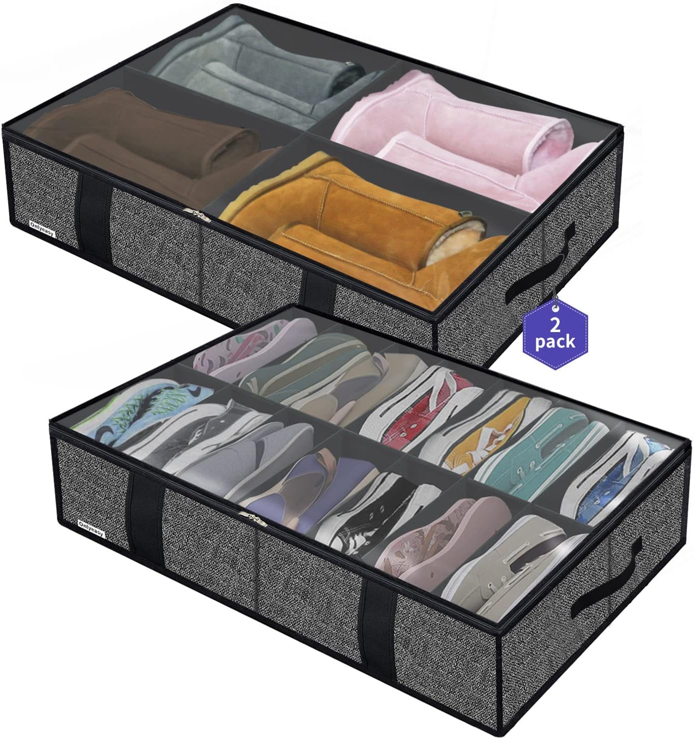 Onlyeasy 2 Pack Under Bed Shoes Storage Bag Organizer (14+4 Pairs), Collapsible Shoe Boot Container with Handles, Underbed Storage Solution for Kids & Adults, 86x60x15cm, Linen-like Black, MXAUBS14S4
