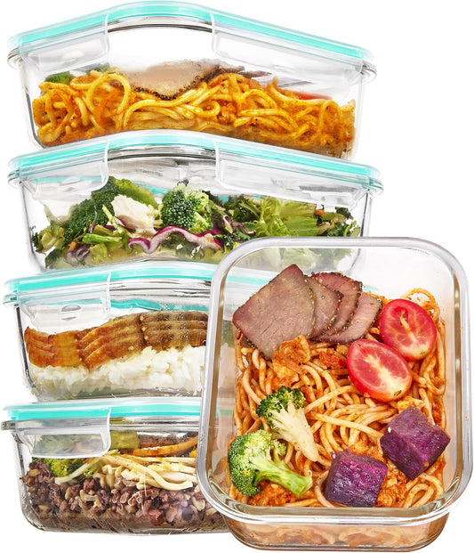 Vtopmart 5 Pack 35oz Glass Food Storage Containers with Lids, Meal Prep Containers, Airtight Reusable Lunch Container Set, Safe for Oven, Microwave, Freezer, and Dishwasher, Green