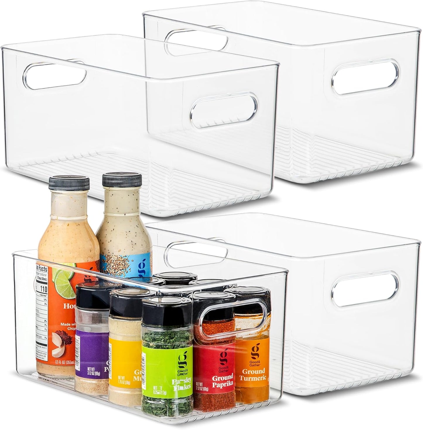 primebox Plastic Food Storage 4 Pack Clear Container Bin with Handles for Organizing Kitchen, Pantry, Fridge, Freezer, Pantry,Bathroom. 10"x6"x5"