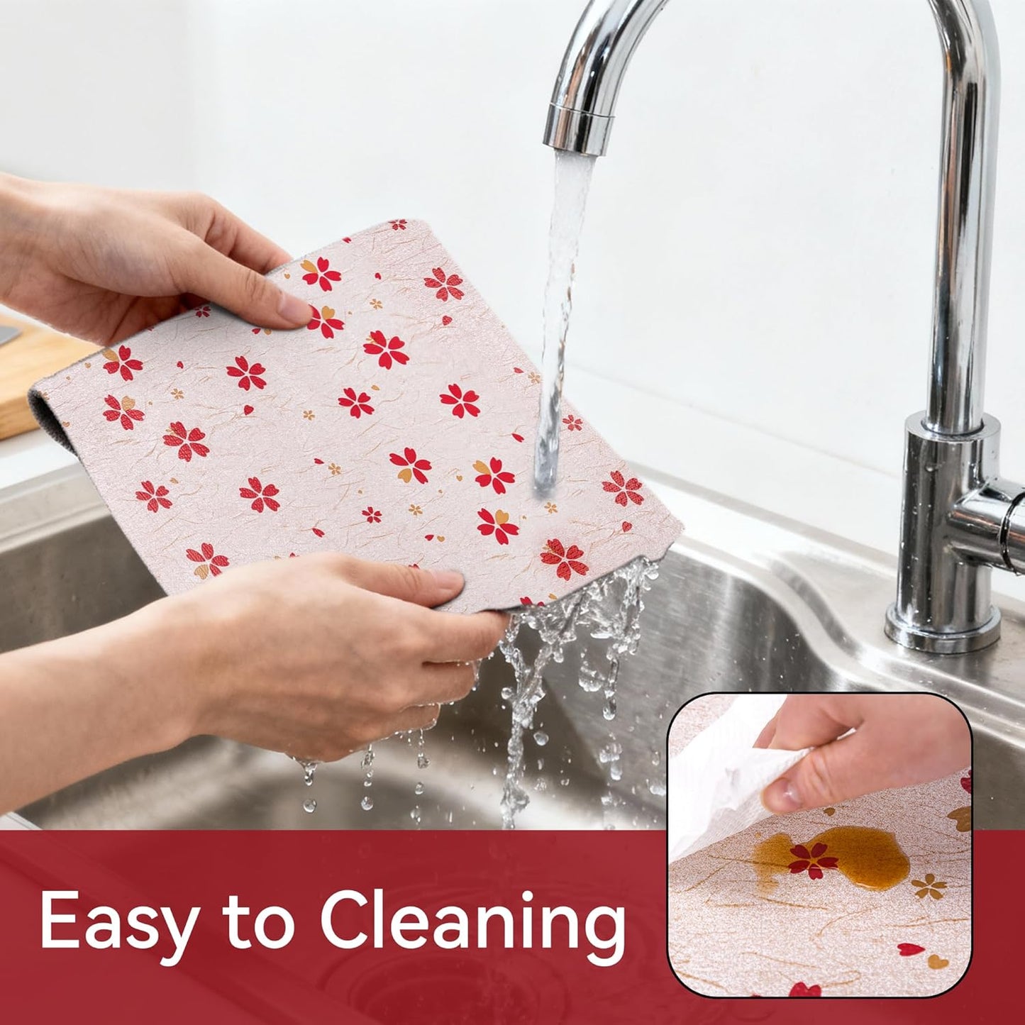 FIFTY FEET 12"x120" Non-Adhesive Shelf Liner for Kitchen Cabinets and Drawers, Washable Non-Slip PVC Cabinet Liner (Red Floral)(1 Roll)