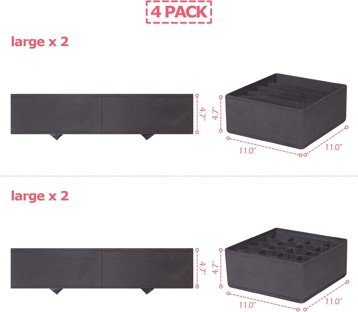 DIOMMELL 4 Pack Foldable Cloth Storage Box Closet Dresser Drawer Organizer Fabric Baskets Bins Containers Divider for Clothes Underwear Bras Socks Lingerie Clothing, Dark Grey 22-0000