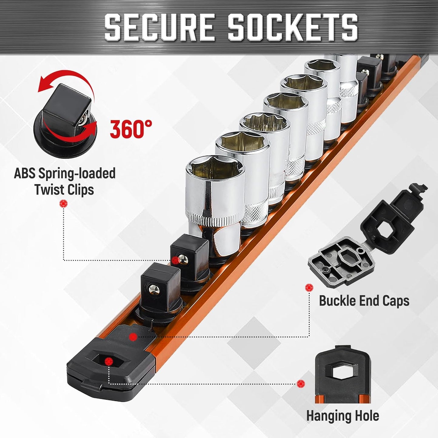 ALOANES 6-Piece Magnetic Socket Organizer, Heavy Duty Aluminum Socket Rails Organizer, 360° Swivel Clips Socket Holder Kit for Tool Box, 1/2, 3/8, 1/4-Inch Socket Holder x 80 Clips (Orange)