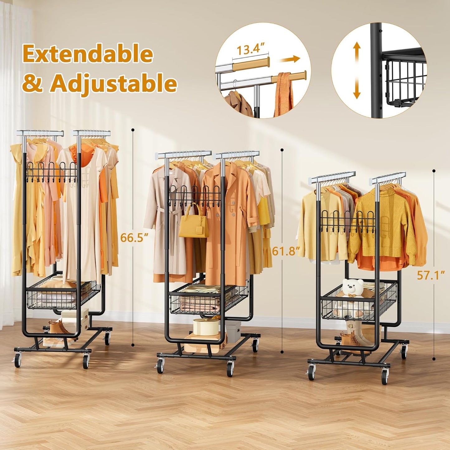 Heavy Duty Clothes Rack with Metal Basket, 720 LBS Rolling Double Rod Garment Rack, Portable Extendable Clothing Rack with Wheel for Bedroom, Laundry Room & Retail Store