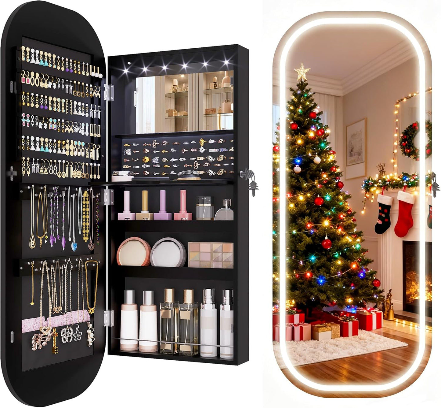 LVSOMT LED Mirror Jewelry Cabinet, Wall/Door Mount Jewelry Mirror Organizer, Rounded Full Length Mirror with Storage, Lockable Jewelry Armoire, 16" Wide, Foldable Shelf, Interior Mirror, Black