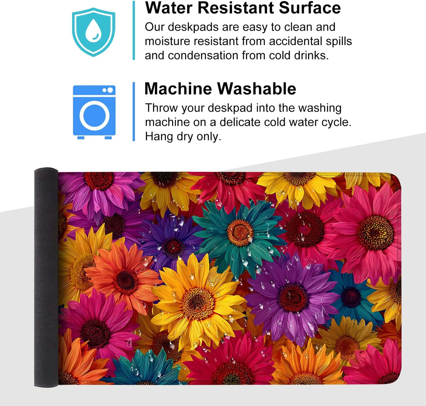 Colorful Floral Mouse Pad – Large Extended Desk Mat 35.43 x 15.75 in – Bright Rainbow Sunflower Design, Non-Slip Rubber Base, Waterproof Surface, Oversized Keyboard & Mouse Pad for Office or Gaming