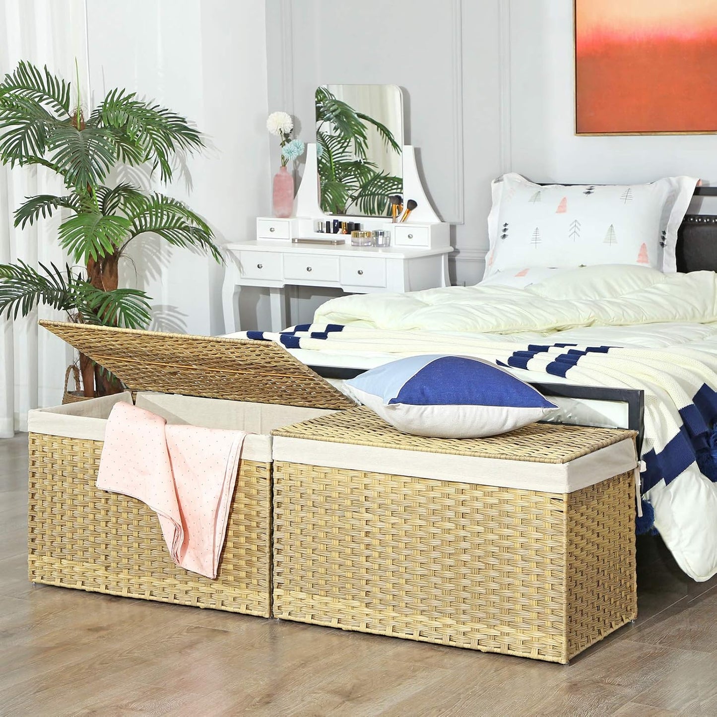 SONGMICS Storage Basket with Lid, Woven Blanket Storage Bin with Handles, Foldable, Removable Liner, Metal Frame, for Bedroom, Laundry Room, 42.3 Gallons (160 L), Natural URST76NL