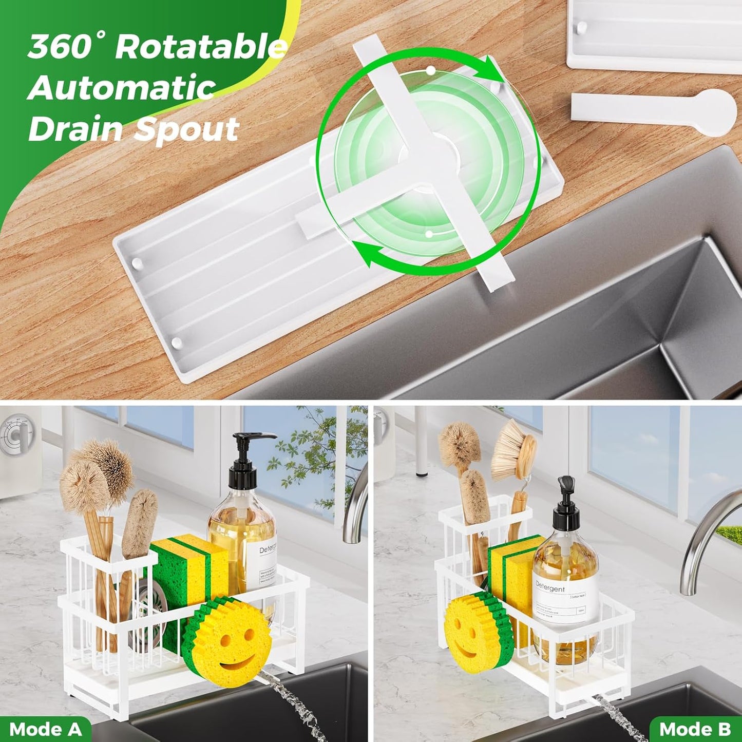Sponge Holder for Kitchen Sink,Sink Caddy with Removable Dish Brush Holder,Self-Draining Kitchen Countertop Organizers and Storage Essentials,Soap Dispenser Organize and Home Decor-White