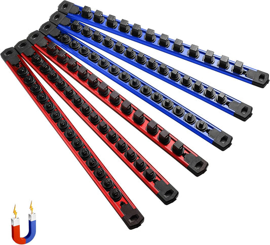 ALOANES 6-Piece Magnetic Socket Organizer, Heavy Duty Aluminum Socket Rails Organizer, 360° Swivel Clips Socket Holder Kit for Tool Box, 1/2, 3/8, 1/4-Inch Socket Holder x 80 Clips (Red&Blue)