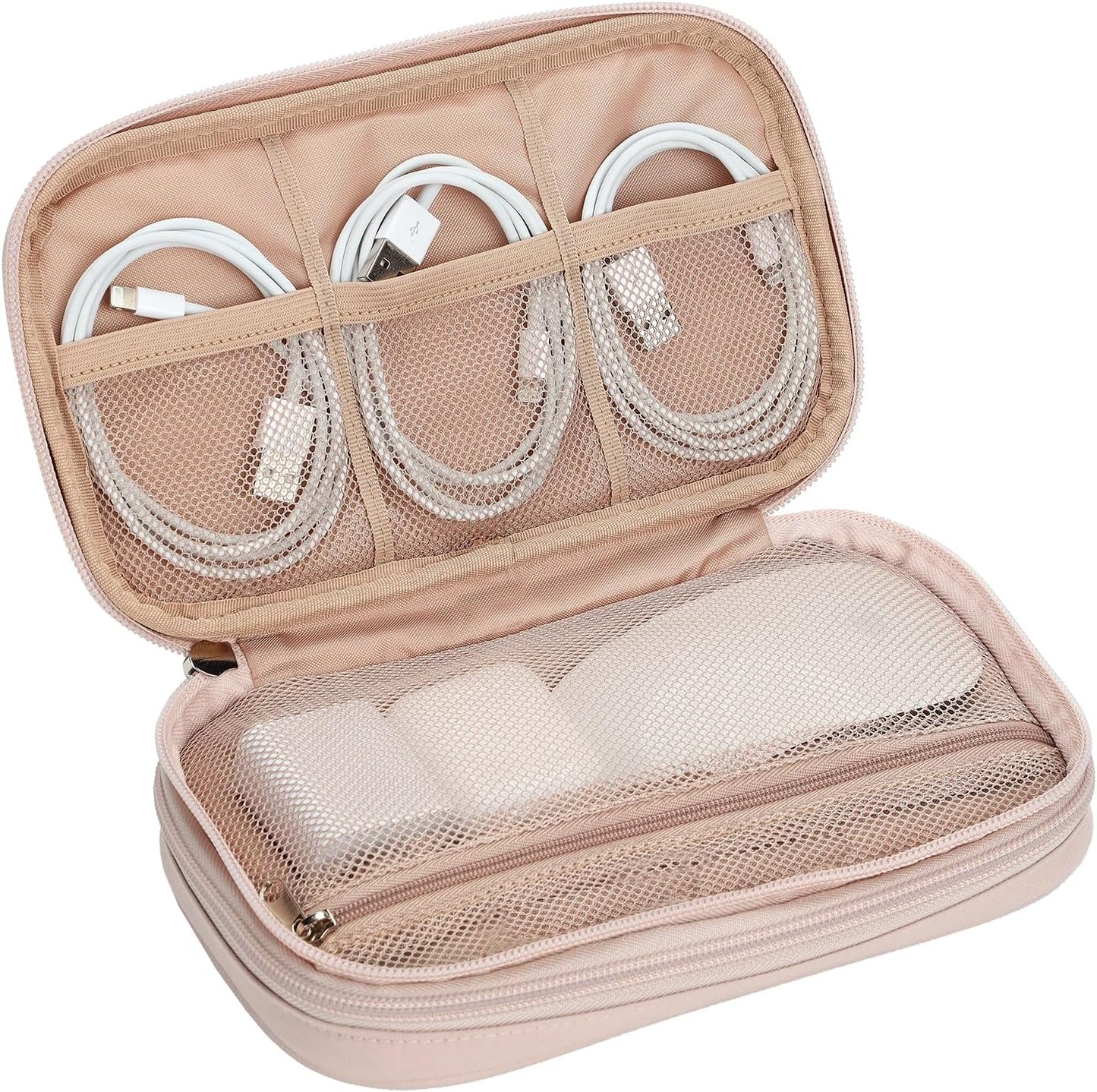 NISHEL Travel Cord Organizer Case, Double Layers Tech Electronic Bag, Essentials for Charger, Cable, Phone, Flash drive, Medium, Pink