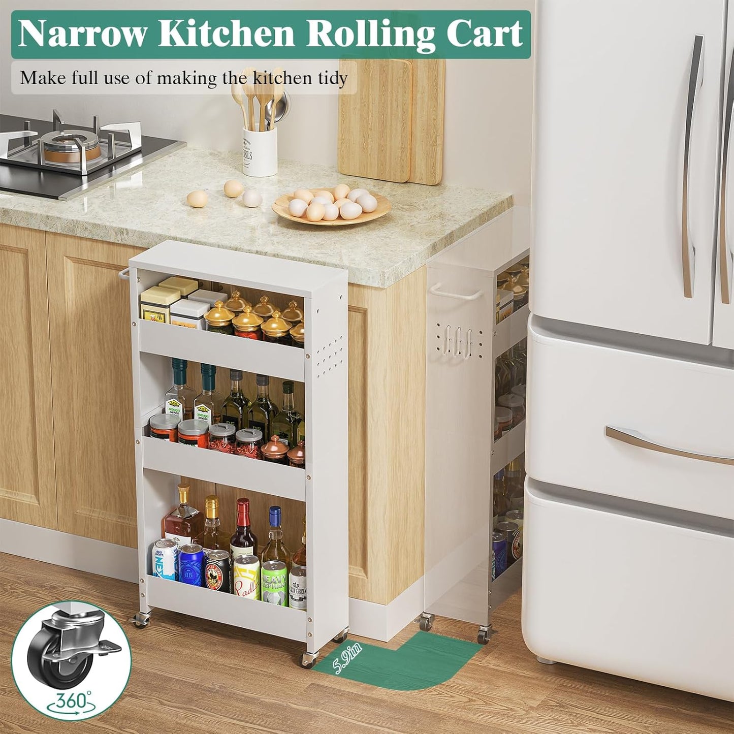 Slim Storage Cart, 4-Tier Kitchen Rolling Cart Narrow Storage Cabinet with Handle & Wheels, Metal Rolling Shelf Unit for Kitchen Bathroom Laundry Small Places (5.9IN White/White)
