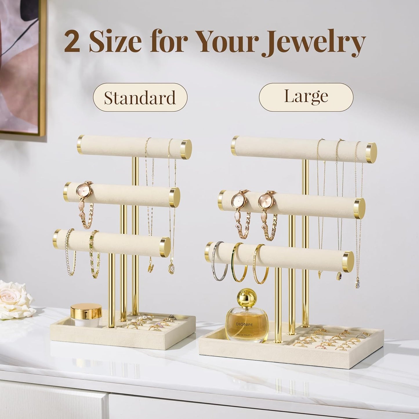 3 Tier Bracelet Holder Display - Detachable T Bar Beige Velvet Bracelet Holder, Jewelry Holder Organizer for Bracelet, Necklace, Earrings, Rings