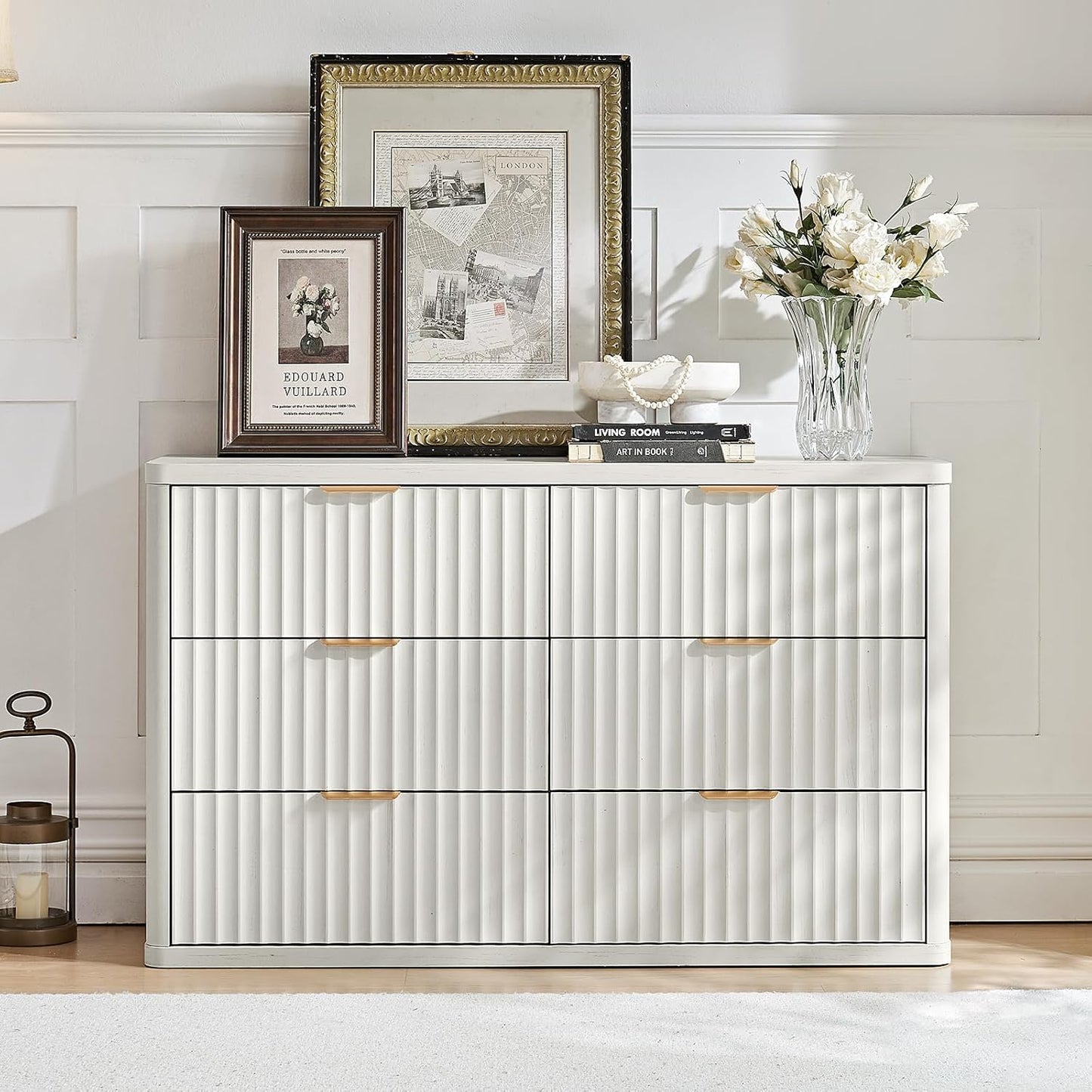 LEYAOYAO Fluted 6 Drawers Dresser, 48" Wide Modern Chest of Drawers with Wood Grain Top, Curved Profile Design, Dresser TV Stand, Wood Drawer Organizer for Bedroom, Living Room, Antique White
