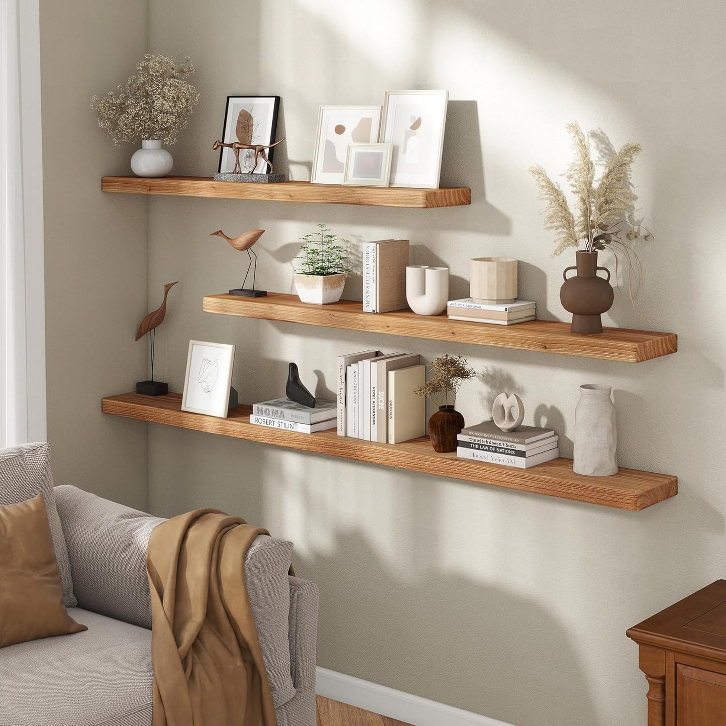 Fun Memories Rustic Elm Wood Floating Shelves, Wooden Wall Shelves 40 Inch Long Set of 2, Heavy-Duty Bathroom Shelf for Wall, Solid Wood Storage Shelf for Kitchen, Bedoom, Office
