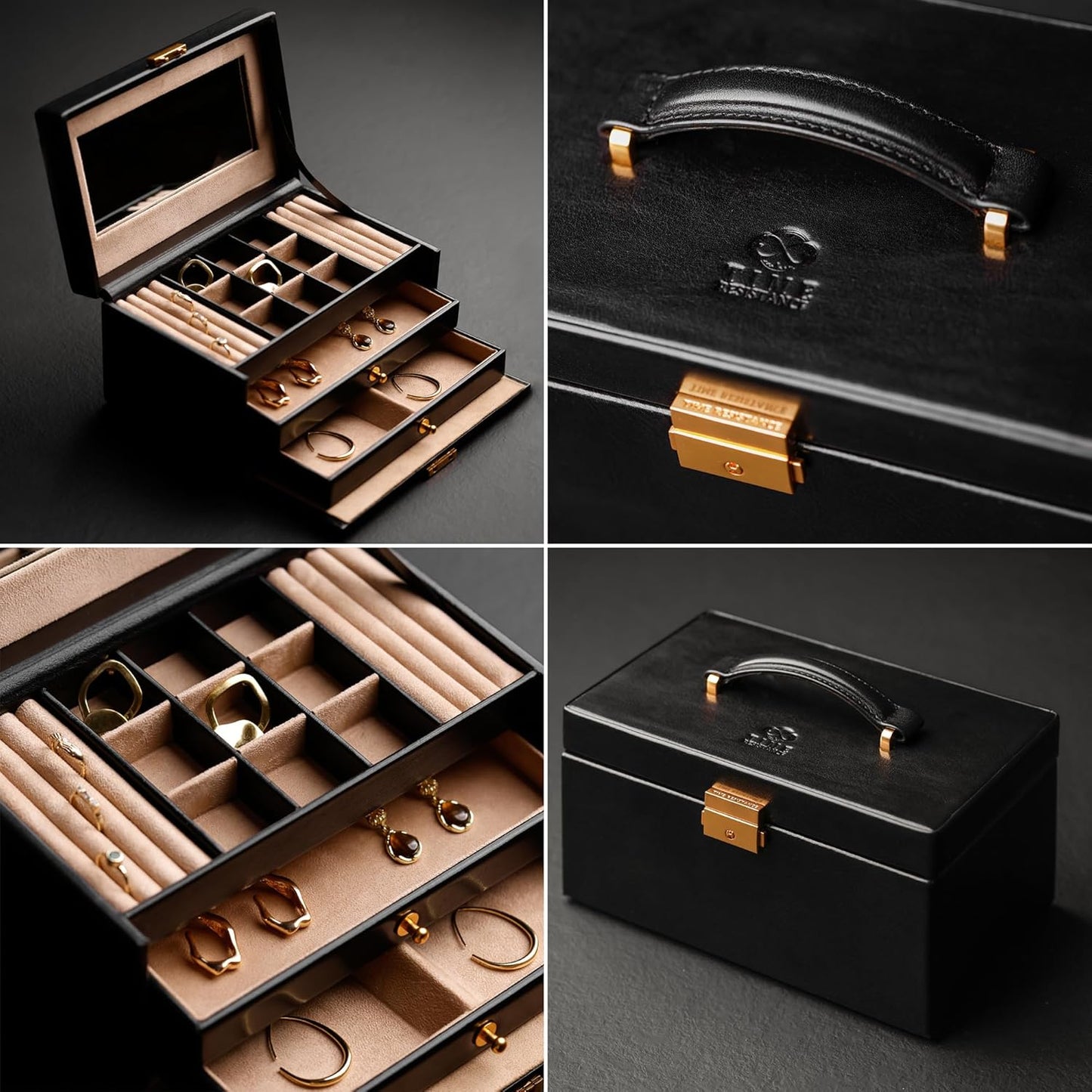 Time Resistance Jewelry Box - Full Grain Leather Jewellery Organizer - Accessories Storage Key Lock - Jewellery Box (Black)