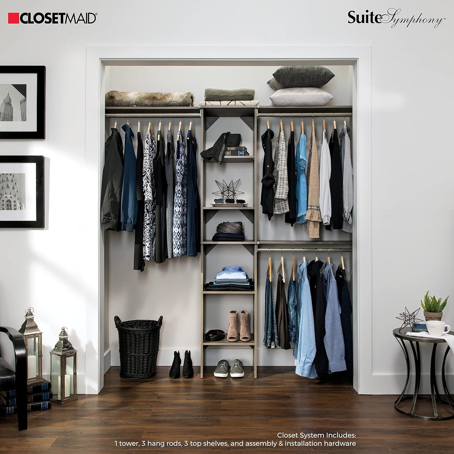 ClosetMaid SuiteSymphony Wood Closet Organizer Kit with Tower 3 Hang Rods, Top Shelves, Adjustable, Fits Spaces 5-9 ft. Wide, Graphite Grey