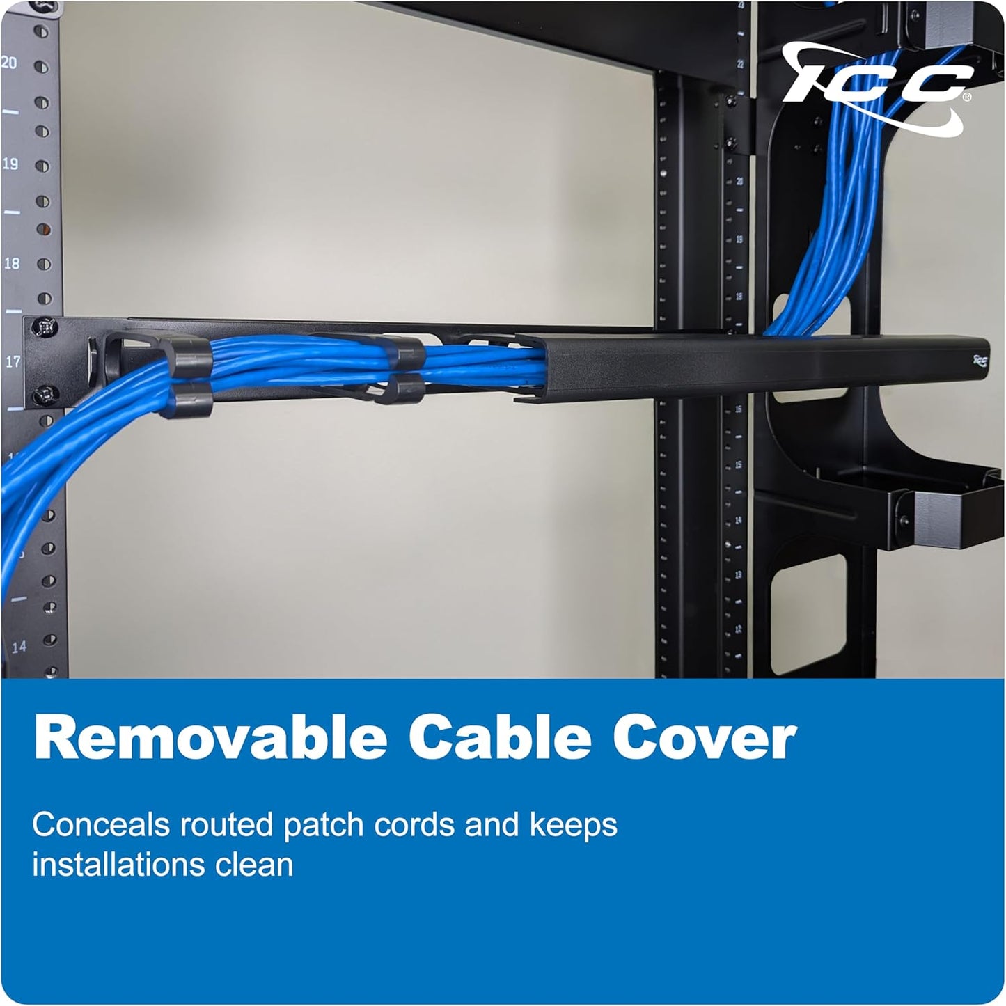 ICC 1U Ring Cable Manager Panel with Cover, Plastic with Metal Back Frame, 4" D-Rings, Horizontal Cable Management, Rackmount for 19” Network Racks, Black, 6-Pack