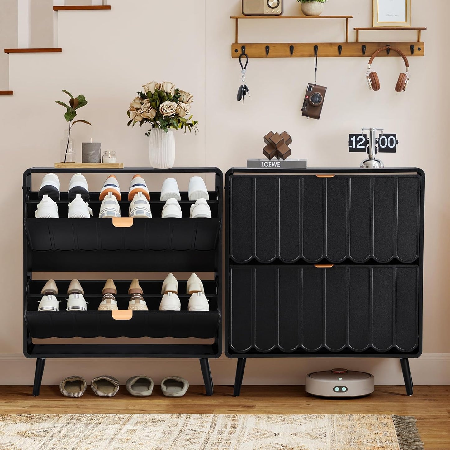 Shoe Storage Cabinet for Entryway with 2 Flip Drawers Set of 2, Freestanding Narrow Wood Shoe Cabinet with Wave Panel, Hidden Shoe Organizer for Foyer, Hallway (Black)