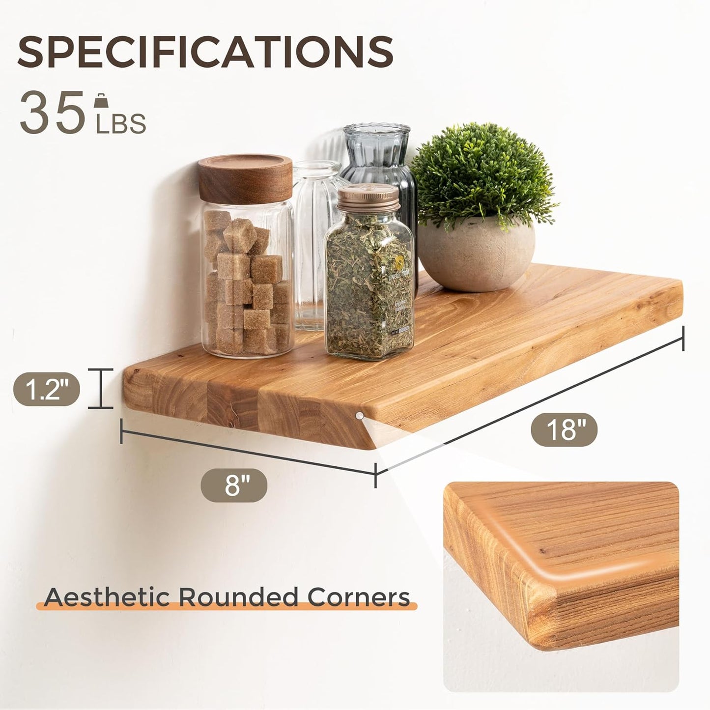 Fun Memories Rustic Solid Elm Wood Floating Shelves, 18" W x 8" D Floating Shelf Wall Mounted, 8 Inch Deep Wall Shelves, Wooden Bathroom Shelf for Home, Deep Bookshelf for Living Room, Set of 2