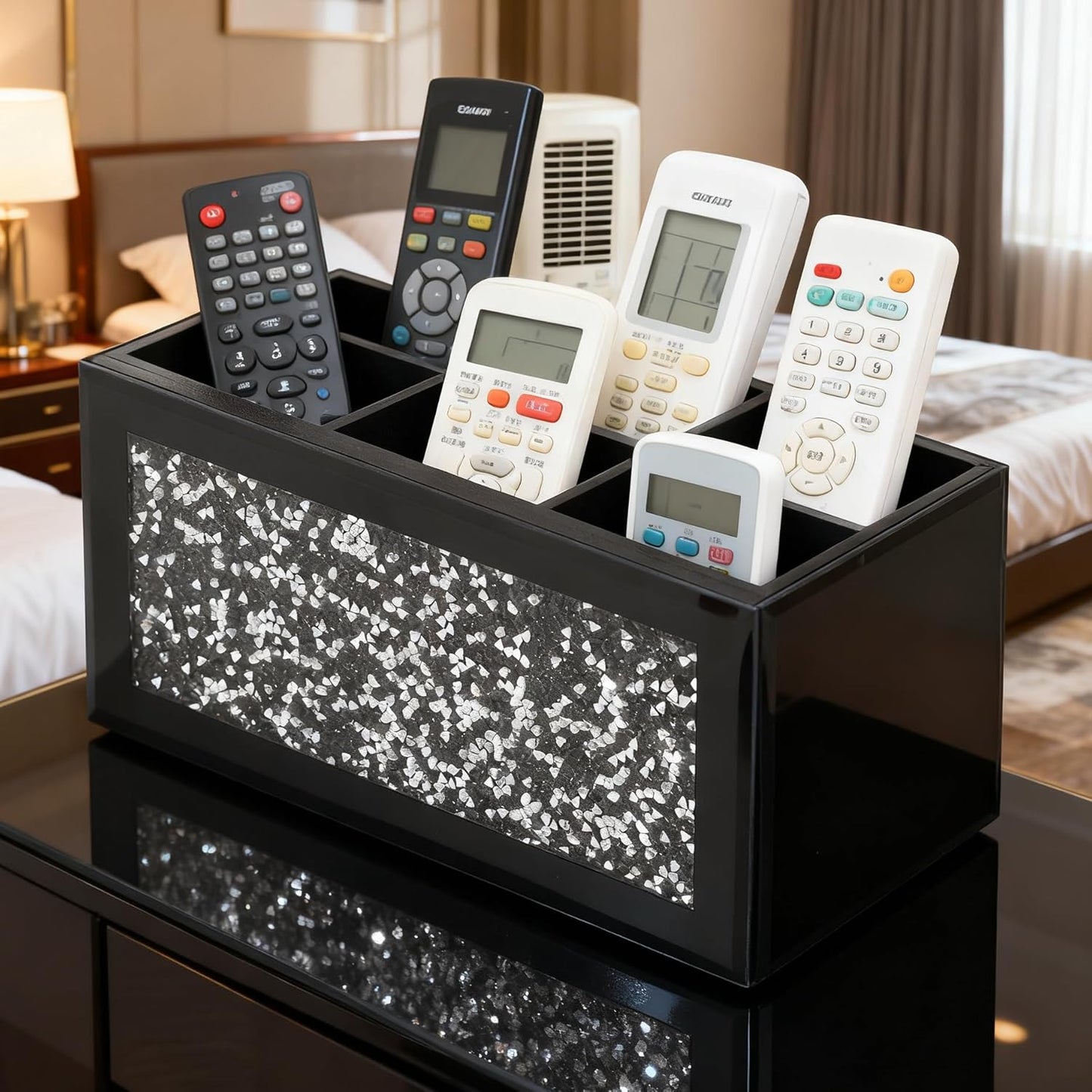 SHYFOY Remote Control Holder with 6 Compartments, Black Glass Desktop Organizer, Crystal Detail Design, 4.3x8.3x4 Inches, Multi-Purpose Storage Caddy for TV Remotes and Office Supplies