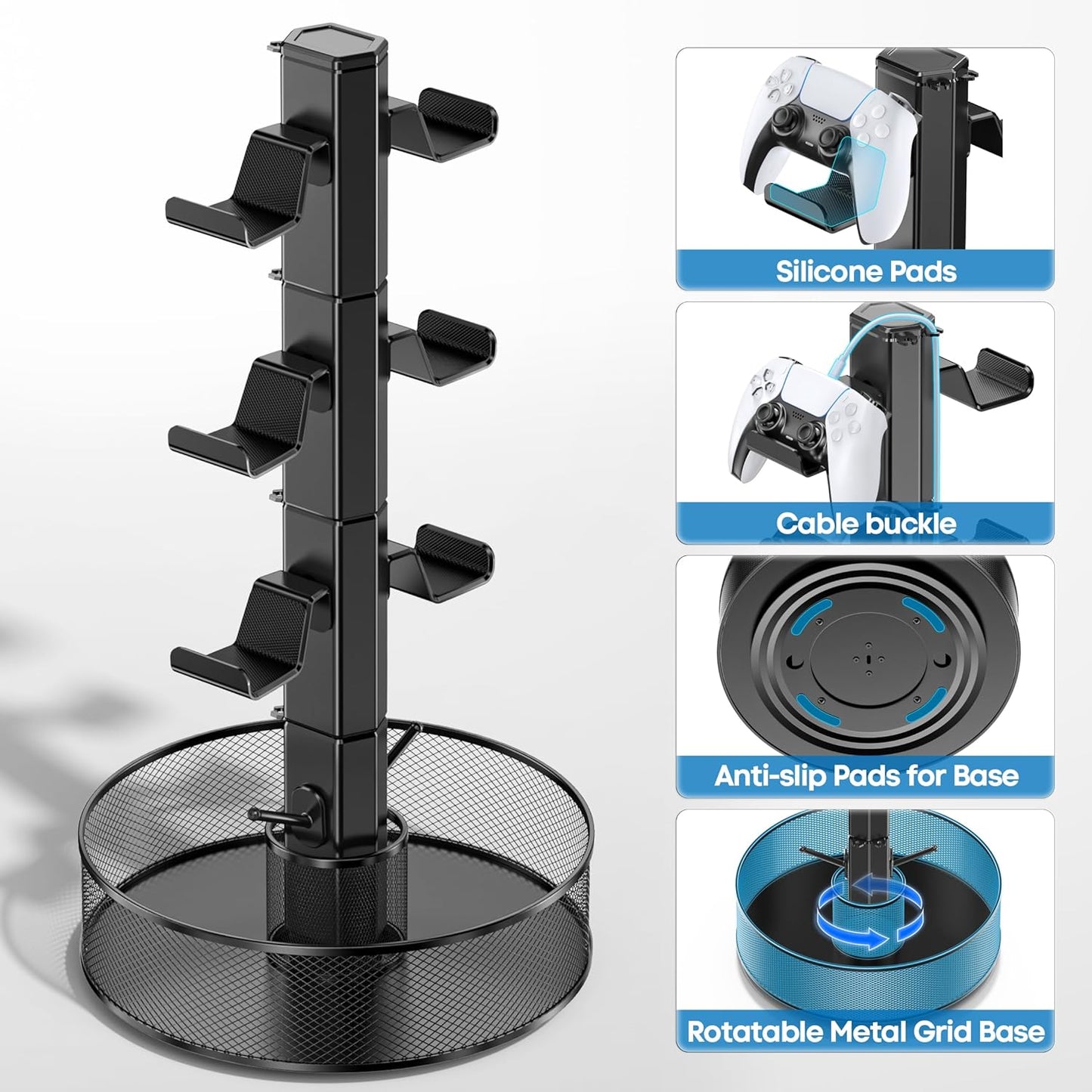 Rotatable Gaming Controller Holder with Basket for Desk, Controller Stand for PS5/PS4/Xbox/Switch/PC Accessories, Holder with Cable Organizer, 4 Tiers Black